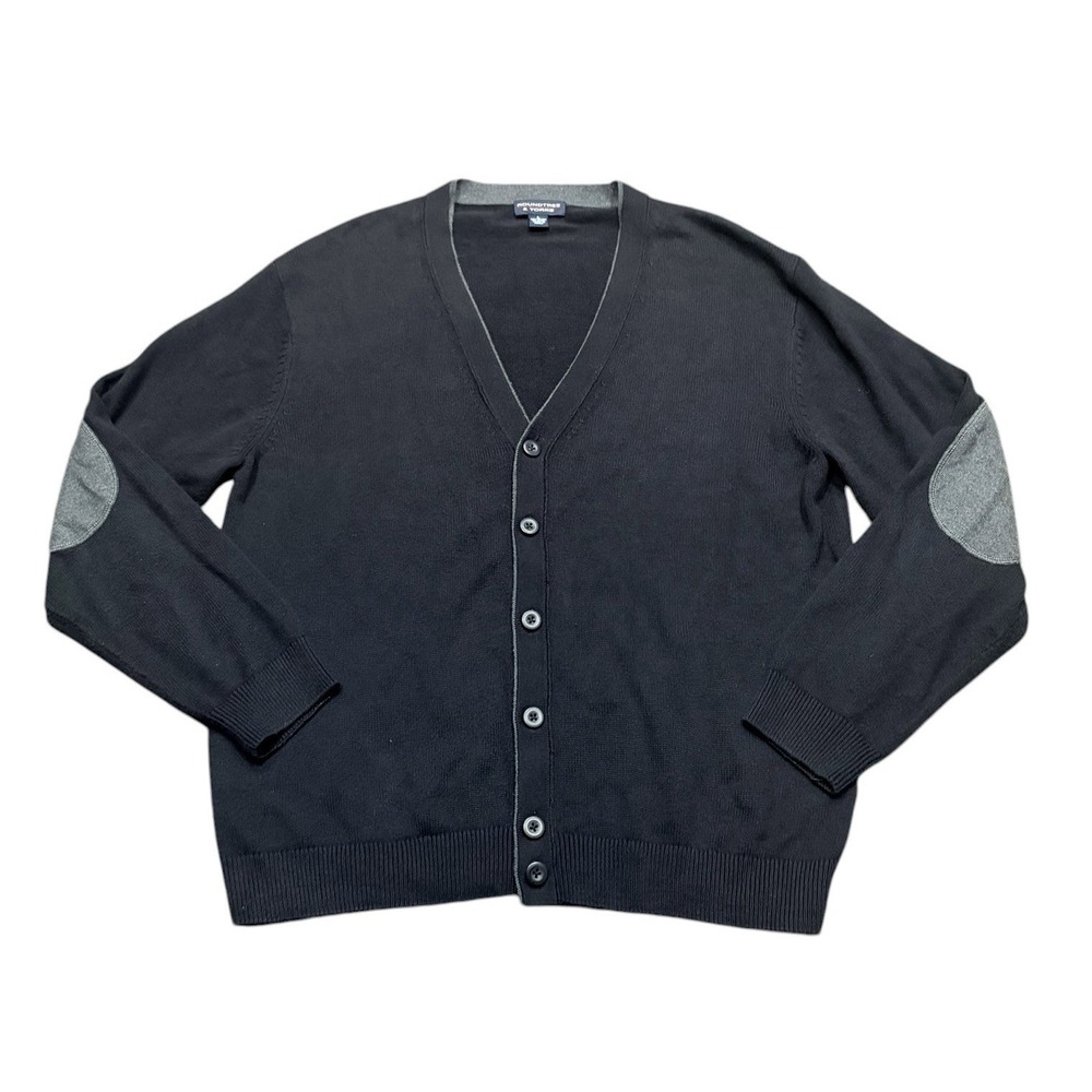 Roundtree & Yorke Mens L Black Cotton Wool Button Cardigan Elbow Patch Grandpa